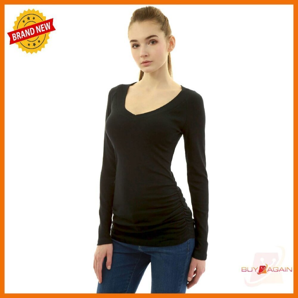 Slim Fit V-Neck Raglan Long Sleeve Top Cotton Spandex Ruched Sides